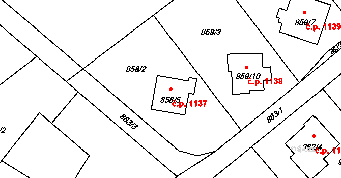 Ráj 1137, Karviná na parcele st. 858/5 v KÚ Ráj, Katastrální mapa