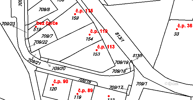 Luby 113, Klatovy na parcele st. 153 v KÚ Luby, Katastrální mapa