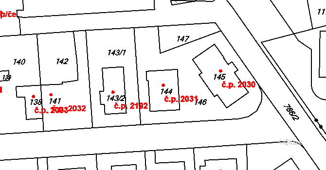 Komořany 2031, Praha na parcele st. 144 v KÚ Komořany, Katastrální mapa