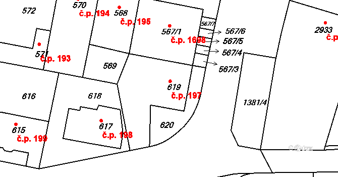 Řepy 197, Praha na parcele st. 619 v KÚ Řepy, Katastrální mapa