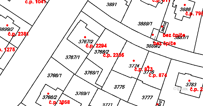 Strašnice 2305, Praha na parcele st. 3768/2 v KÚ Strašnice, Katastrální mapa