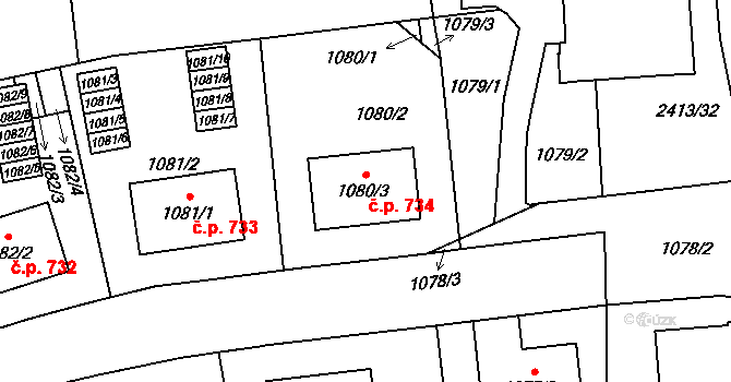 Hostivař 734, Praha na parcele st. 1080/3 v KÚ Hostivař, Katastrální mapa