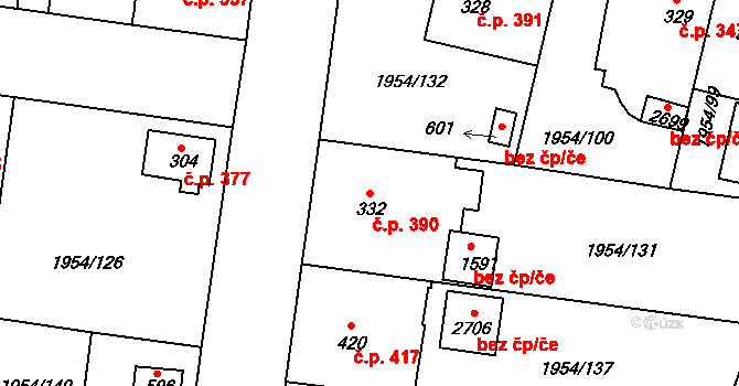 Litice 390, Plzeň na parcele st. 332 v KÚ Litice u Plzně, Katastrální mapa