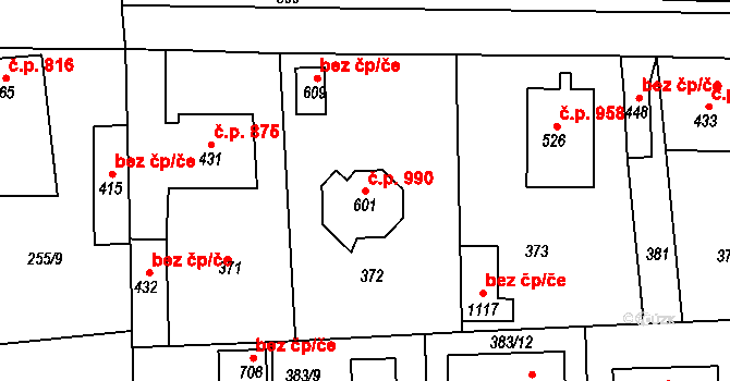 Rudná 990 na parcele st. 601 v KÚ Hořelice, Katastrální mapa