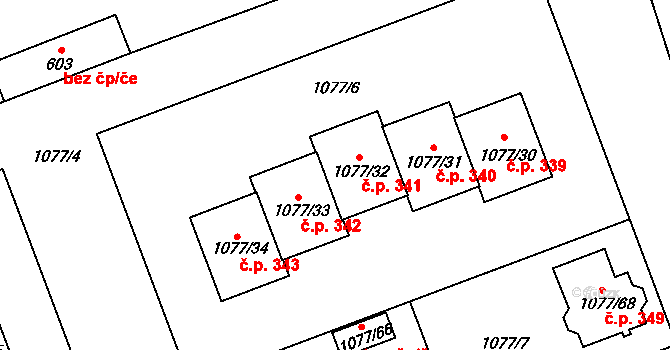 Velešovice 341 na parcele st. 1077/32 v KÚ Velešovice, Katastrální mapa
