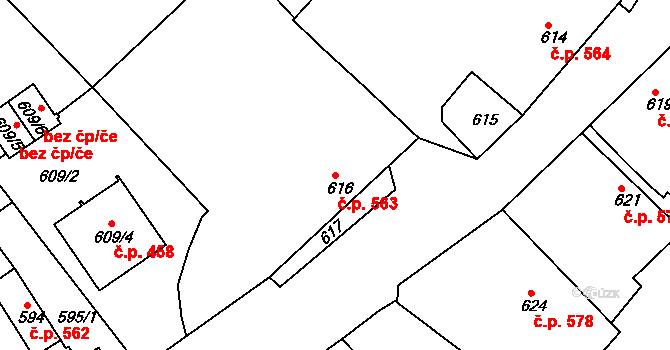 Jemnice 563 na parcele st. 616 v KÚ Jemnice, Katastrální mapa