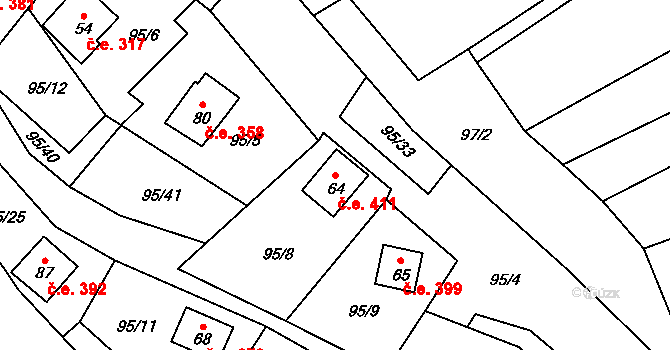 Košetice 411, Líšťany na parcele st. 64 v KÚ Košetice u Hunčic, Katastrální mapa