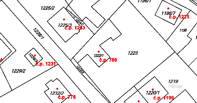 Svinov 756, Ostrava na parcele st. 1222/1 v KÚ Svinov, Katastrální mapa