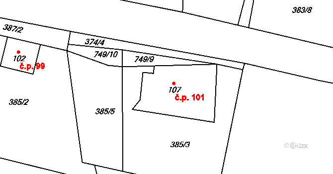 Studánka 101, Hranice na parcele st. 107 v KÚ Studánka u Aše, Katastrální mapa