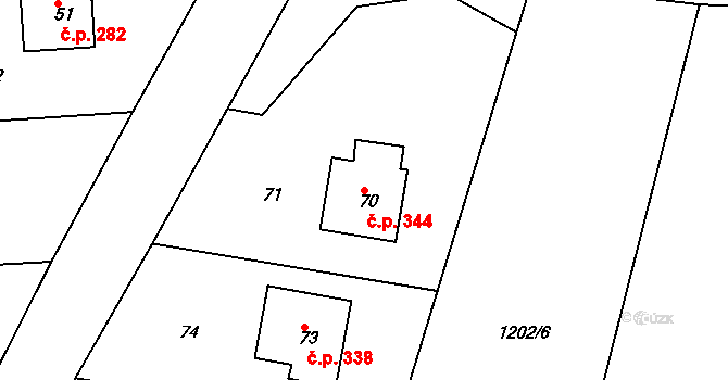 Zádveřice 344, Zádveřice-Raková na parcele st. 70 v KÚ Zádveřice, Katastrální mapa