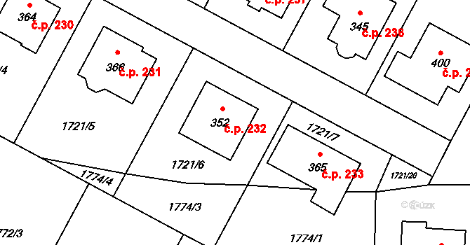 Rudíkov 232 na parcele st. 352 v KÚ Rudíkov, Katastrální mapa