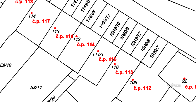 Horní Počaply 115 na parcele st. 111/1 v KÚ Horní Počaply, Katastrální mapa