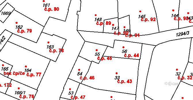 Vnitřní Město 45, Český Krumlov na parcele st. 55 v KÚ Český Krumlov, Katastrální mapa