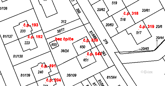Nupaky 539 na parcele st. 650 v KÚ Nupaky, Katastrální mapa