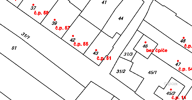 Derflice 51, Znojmo na parcele st. 43 v KÚ Derflice, Katastrální mapa