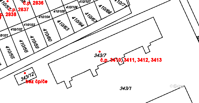 Znojmo 3410,3411,3412,3413 na parcele st. 343/7 v KÚ Znojmo-Louka, Katastrální mapa