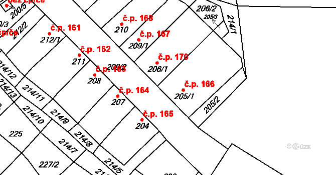 Uhřičice 166 na parcele st. 205/1 v KÚ Uhřičice, Katastrální mapa