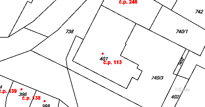 Moutnice 113 na parcele st. 401 v KÚ Moutnice, Katastrální mapa
