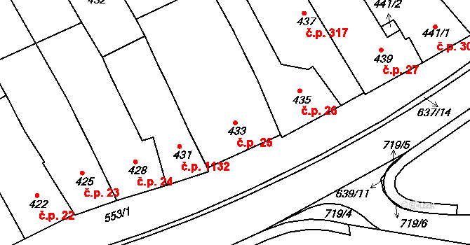 Rousínov 25 na parcele st. 433 v KÚ Rousínov u Vyškova, Katastrální mapa