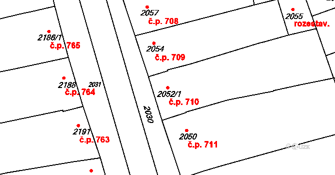 Slavíkovice 710, Rousínov na parcele st. 2052/1 v KÚ Rousínov u Vyškova, Katastrální mapa
