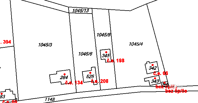 Hrusice 198 na parcele st. 345 v KÚ Hrusice, Katastrální mapa