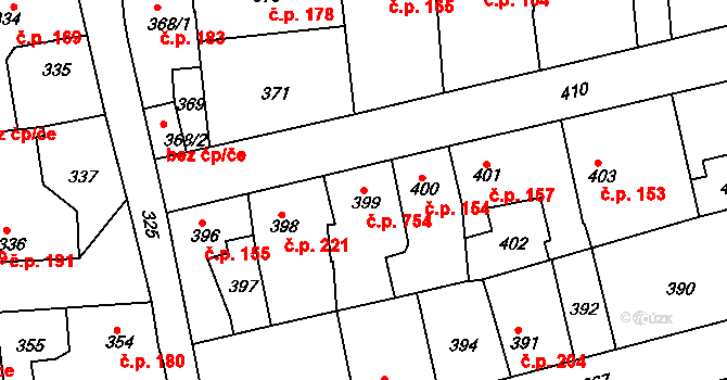 Švermov 754, Kladno na parcele st. 399 v KÚ Motyčín, Katastrální mapa