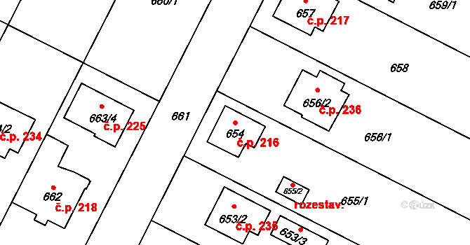 Poříčí 216, Boršov nad Vltavou na parcele st. 654 v KÚ Boršov nad Vltavou, Katastrální mapa