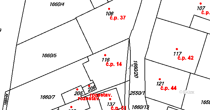 Čakov 14 na parcele st. 116 v KÚ Čakov u Českých Budějovic, Katastrální mapa