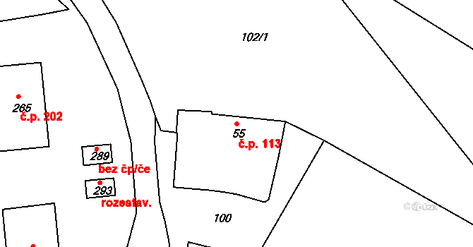 Lodhéřov 113 na parcele st. 55 v KÚ Lodhéřov, Katastrální mapa
