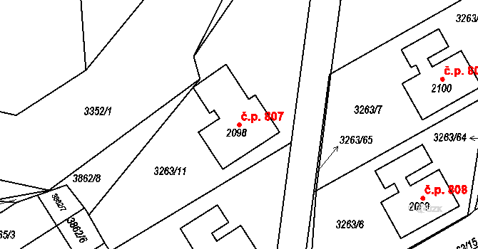 Žichlínské Předměstí 807, Lanškroun na parcele st. 2098 v KÚ Lanškroun, Katastrální mapa