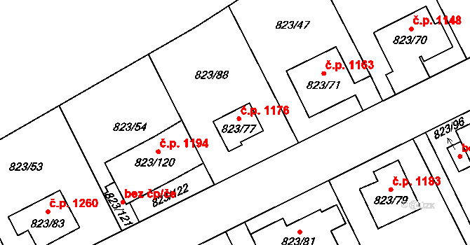Radotín 1176, Praha na parcele st. 823/77 v KÚ Radotín, Katastrální mapa