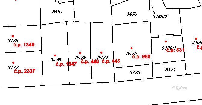 Smíchov 445, Praha na parcele st. 3474 v KÚ Smíchov, Katastrální mapa