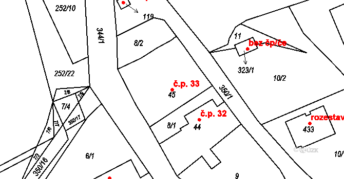 Popovice 33, Králův Dvůr na parcele st. 45 v KÚ Popovice u Králova Dvora, Katastrální mapa