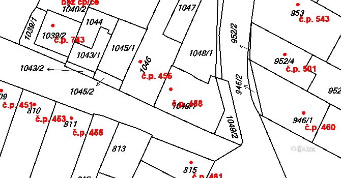 Mikulčice 458 na parcele st. 1049/1 v KÚ Mikulčice, Katastrální mapa