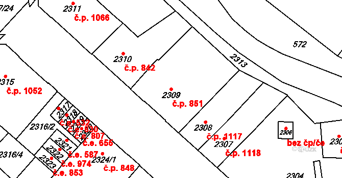 Chomutov 851 na parcele st. 2309 v KÚ Chomutov I, Katastrální mapa