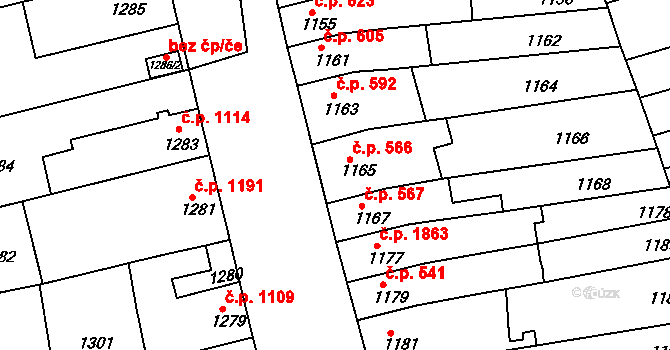 Šlapanice 566 na parcele st. 1165 v KÚ Šlapanice u Brna, Katastrální mapa