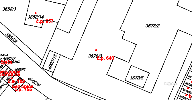 Fryštát 640, Karviná na parcele st. 3678/3 v KÚ Karviná-město, Katastrální mapa