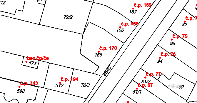 Krasice 170, Prostějov na parcele st. 168 v KÚ Krasice, Katastrální mapa