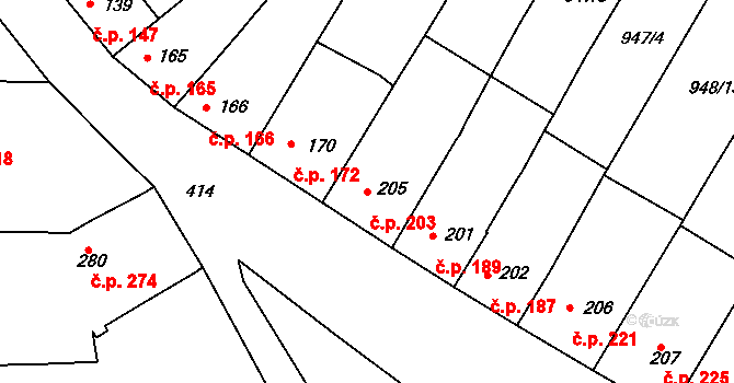 Čebín 203 na parcele st. 205 v KÚ Čebín, Katastrální mapa