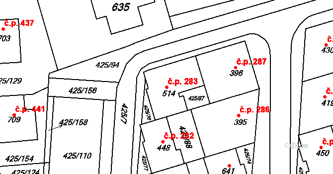 Týn 283, Třebíč na parcele st. 514 v KÚ Týn u Třebíče, Katastrální mapa
