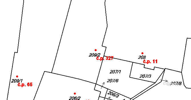 Semice 327 na parcele st. 209/2 v KÚ Semice nad Labem, Katastrální mapa