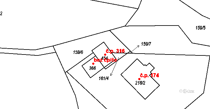 Chuchelna 316 na parcele st. 454 v KÚ Chuchelna, Katastrální mapa