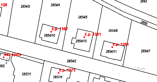 Třešť 1381 na parcele st. 2854/13 v KÚ Třešť, Katastrální mapa