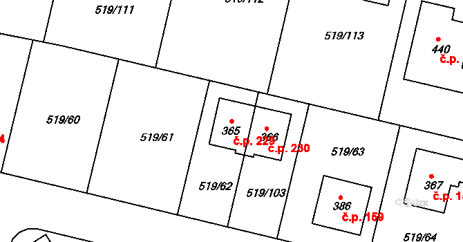 Horoušánky 229, Horoušany na parcele st. 365 v KÚ Horoušany, Katastrální mapa