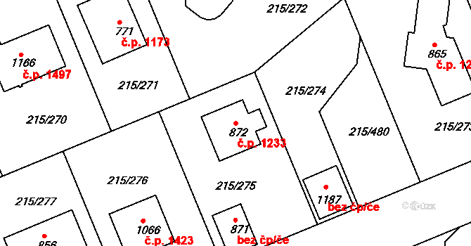 Rudná 1233 na parcele st. 872 v KÚ Hořelice, Katastrální mapa
