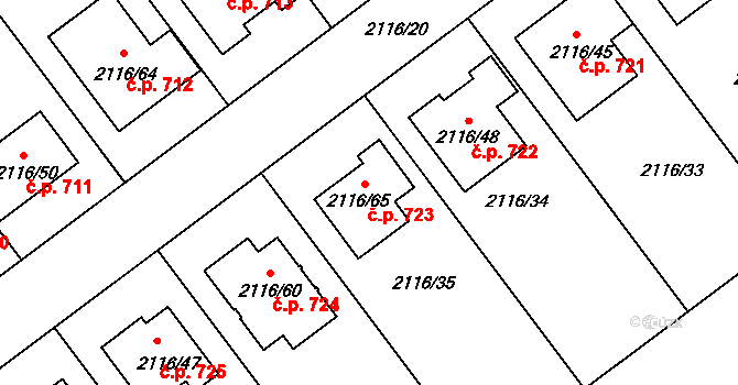 Vacenovice 723 na parcele st. 2116/65 v KÚ Vacenovice u Kyjova, Katastrální mapa