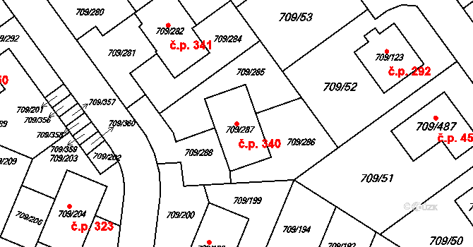 Popůvky 340 na parcele st. 709/287 v KÚ Popůvky u Brna, Katastrální mapa