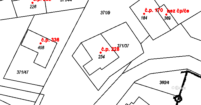 Praskolesy 228 na parcele st. 254 v KÚ Praskolesy, Katastrální mapa