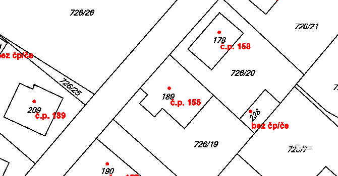 Křoví 155 na parcele st. 189 v KÚ Křoví, Katastrální mapa