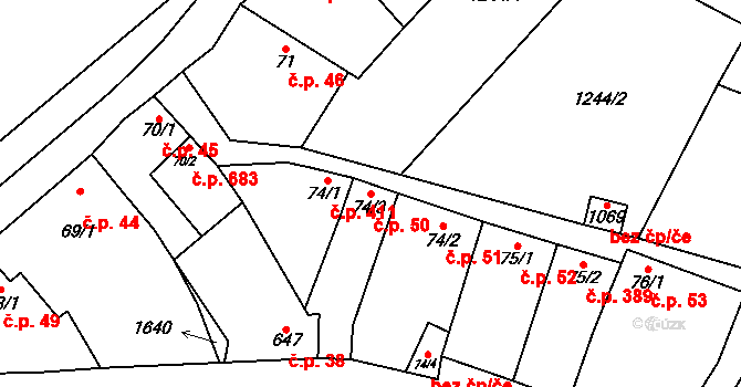 Kostelec nad Labem 50 na parcele st. 74/3 v KÚ Kostelec nad Labem, Katastrální mapa